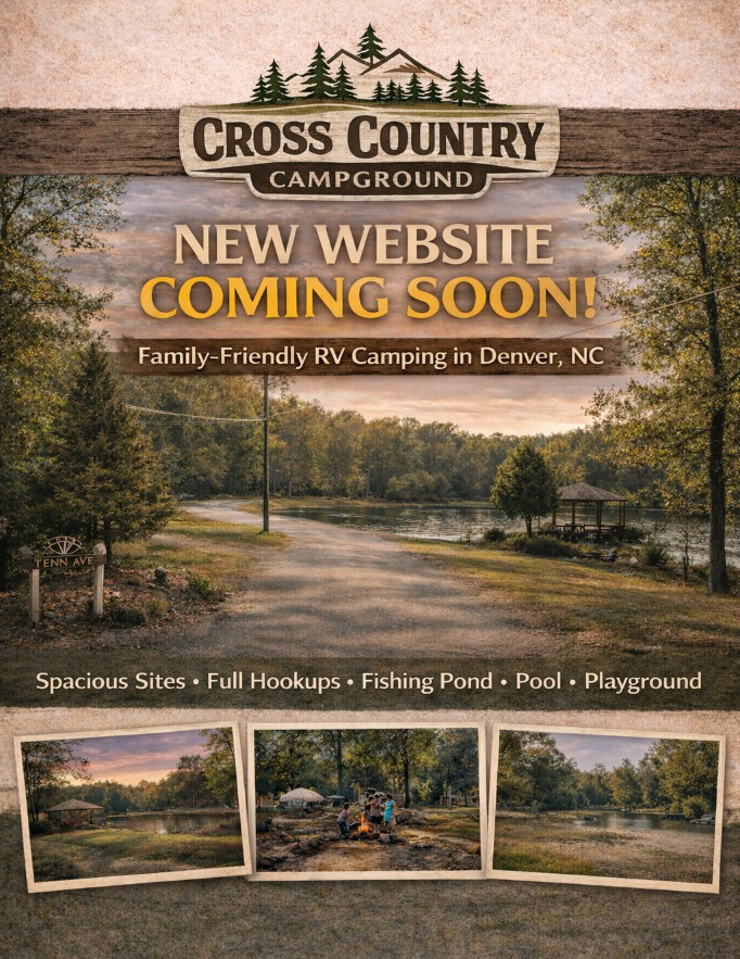 Cross Country Campground: new website coming soon. Scenic lakeside sunset with campfire; check back soon for our new site.